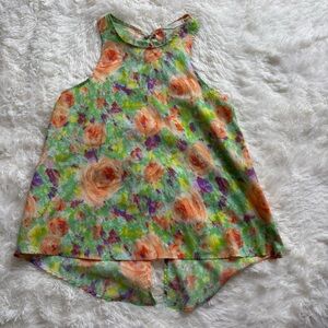 Lush Floral Watercolor Open Lace-up Back Sleeveless Top